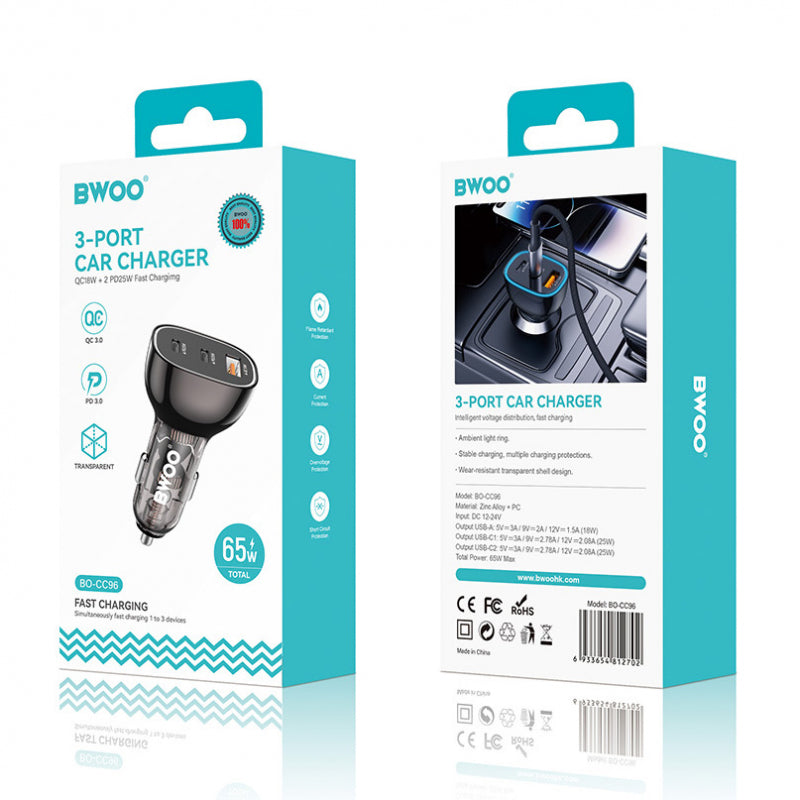 Incarcator Auto BWOO BO-CC96, 68W, 3A, 1 x USB-A - 2 x USB-C