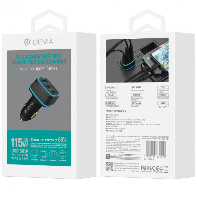 Incarcator Auto DEVIA Extreme, 115W, 3A, 1 x USB-A - 2 x USB-C