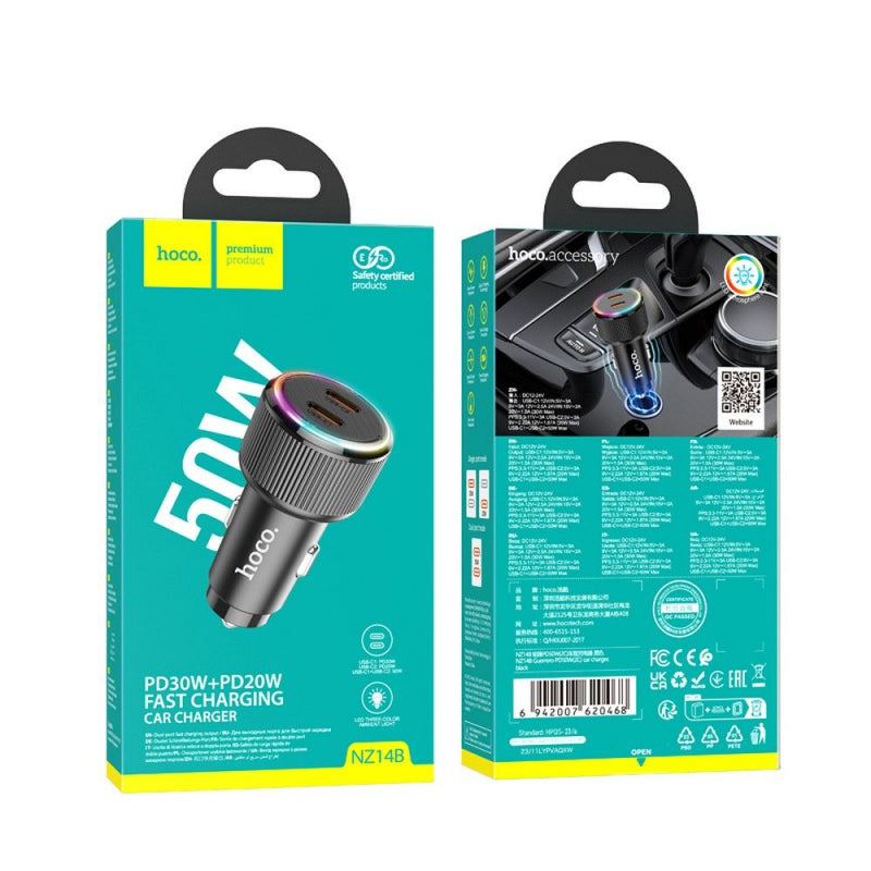 Incarcator Auto HOCO NZ14B, 50W, 3A, 2 x USB-C