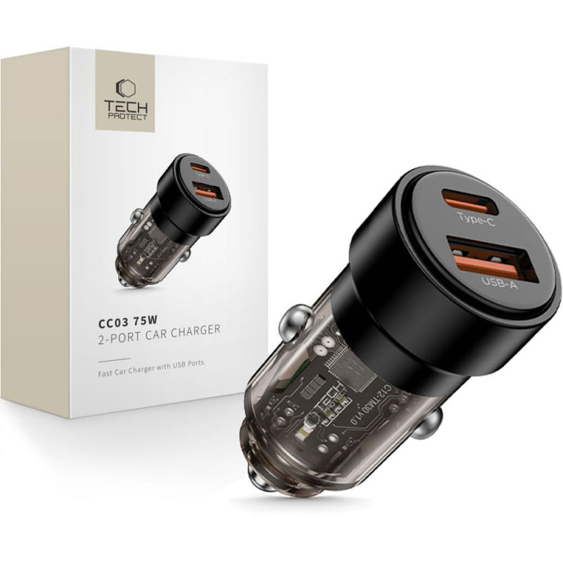 Incarcator Auto Tech-Protect CC03, 75W, 3A, 1 x USB-A - 1 x USB-C