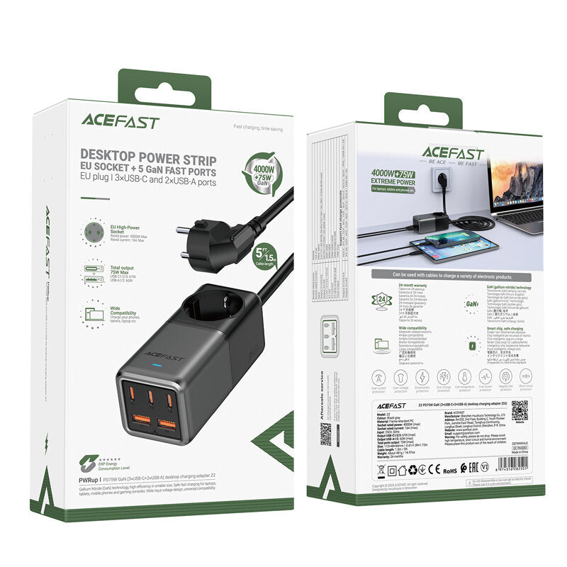 Incarcator Retea Acefast Z2 GaN, 4000W, 5A, 1 x Schuko - 2 x USB-A - 3 x USB-C