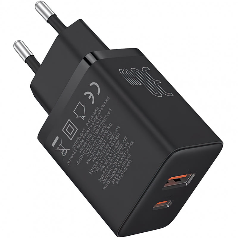 Incarcator Retea Baseus Cube, 30W, 2.4A, 1 x USB-A - 1 x USB-C, Negru P10111404113-00