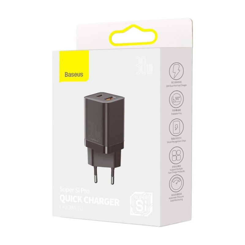 Incarcator Retea Baseus Super Si Pro, 30W, 3A, 1 x USB-A - 1 x USB-C, Negru CCSUPP-E01