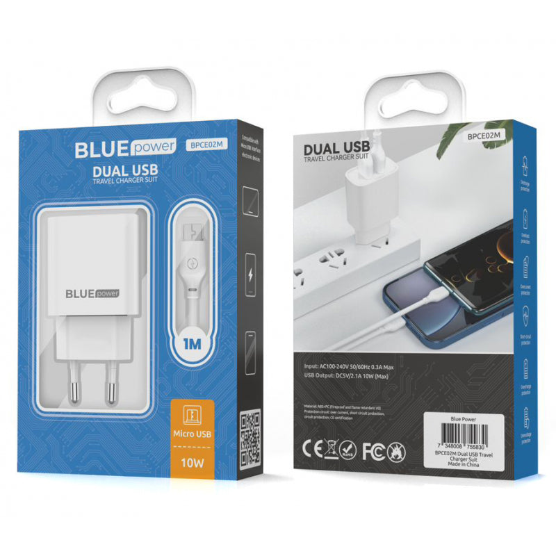 Incarcator Retea Cu Cablu microUSB Blue Power BPCE02M, 10W, 2.1A, 2 x USB-