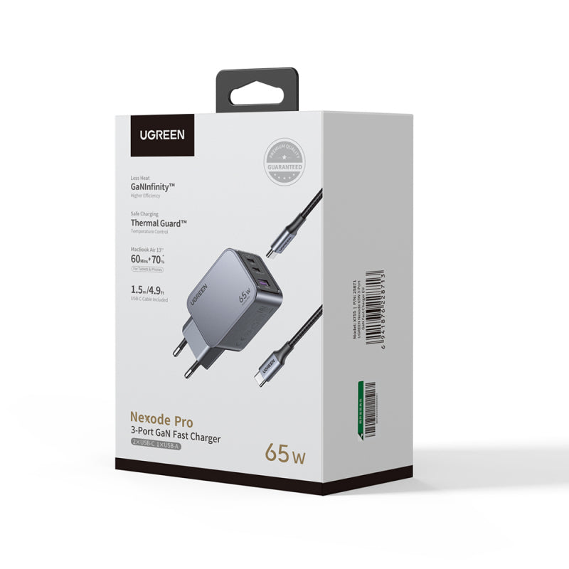 Incarcator Retea Cu Cablu USB-C UGREEN X755 Nexode Pro, 65W, 3A, 1 x USB-A - 2 x USB-C