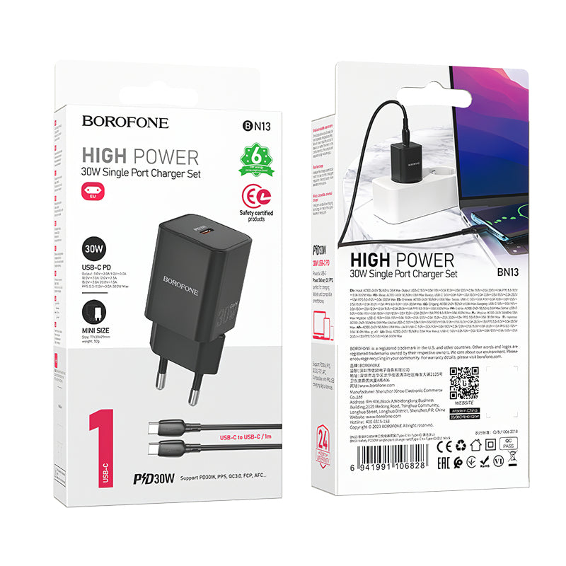 Incarcator Retea Cu Cablu USB-C Borofone BN13 Safety, 30W, 3A, 1 x USB-C