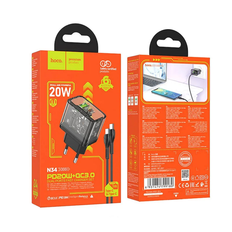 Incarcator Retea Cu Cablu USB-C HOCO N34, 20W, 3A, 1 x USB-A - 1 x USB-C