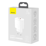 Incarcator Retea Baseus Compact, 20W, 3A, 1 x USB-A - 1 x USB-C, Alb CCXJ-B02