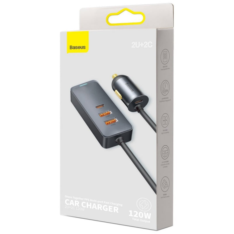 Incarcator Auto Baseus Share Together, 120W, 3A, 2 x USB-A - 2 x USB-C, Gri CCBT-A0