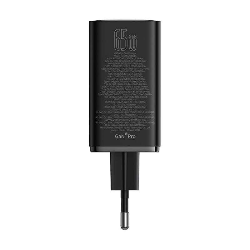 Incarcator Retea USB-C Baseus GaN 6 Pro, 65W, 3.25A, 2 x USB-A - 2 x USB-C, Negru P10162701113-00