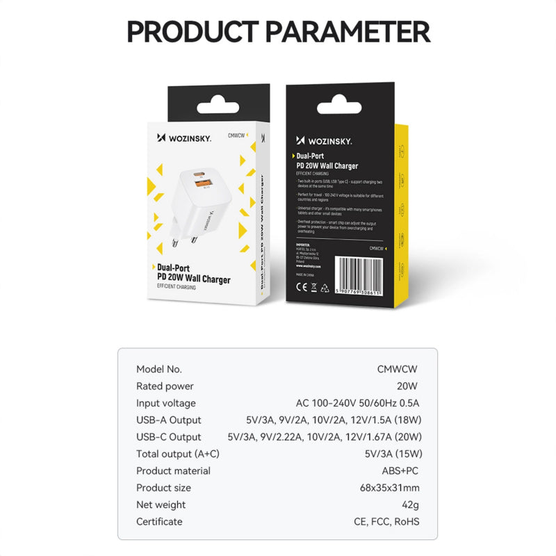 Incarcator Retea WZK CMWCW, 20W, 3A, 1 x USB-A - 1 x USB-C