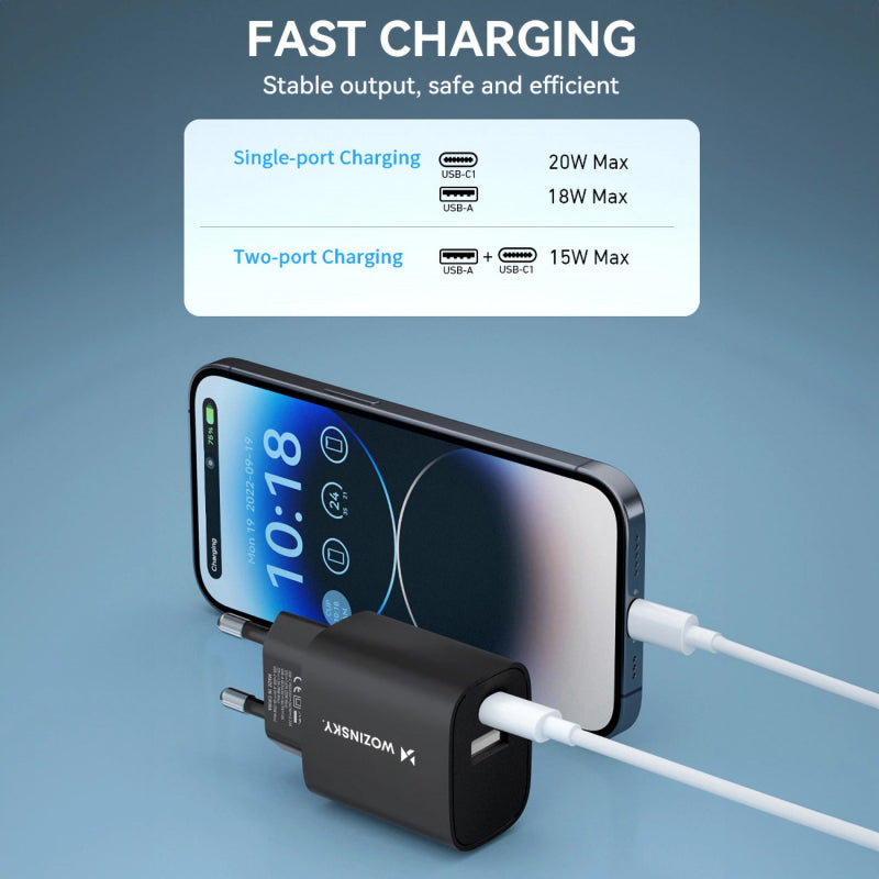 Incarcator Retea WZK WGWCB, 20W, 3A, 1 x USB-A - 1 x USB-C