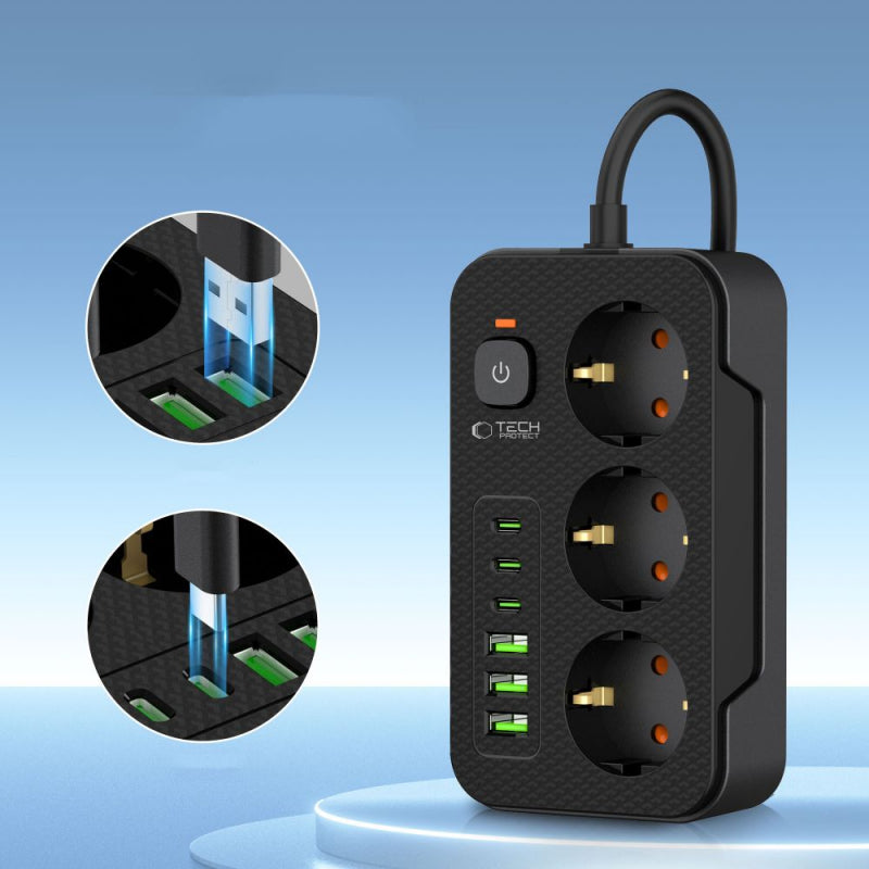 Prelungitor Tech-Protect PC3X6, 3 x Schuko - 3 x USB-A - 3 x USB-C