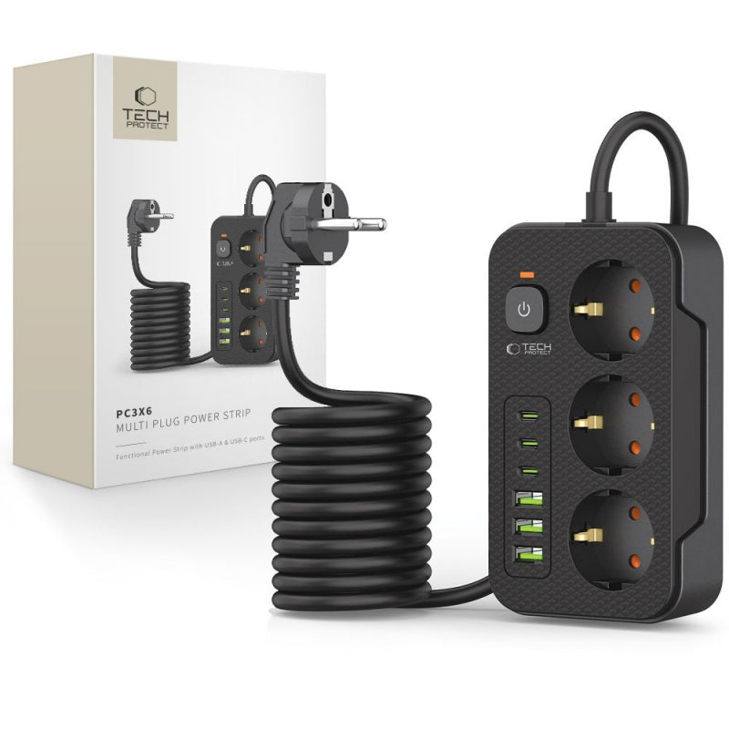 Prelungitor Tech-Protect PC3X6, 3 x Schuko - 3 x USB-A - 3 x USB-C