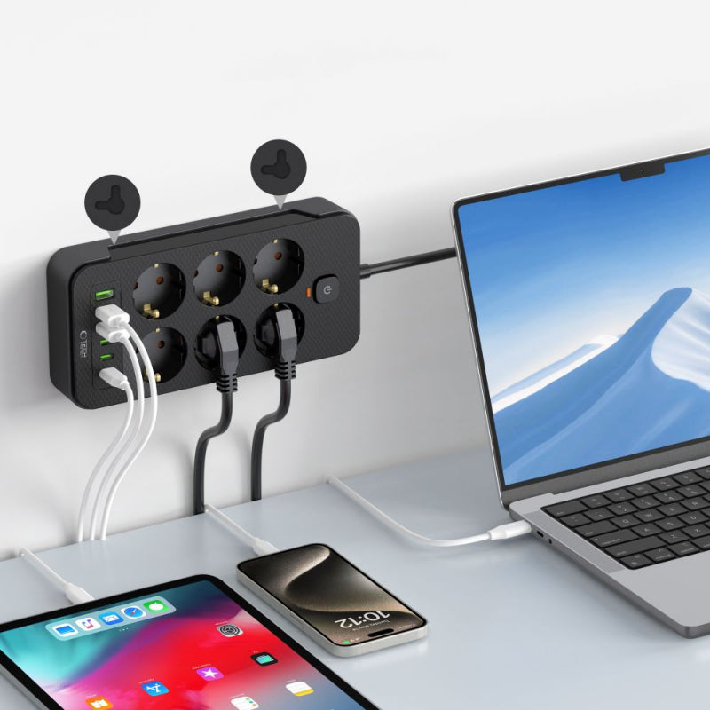 Prelungitor Tech-Protect PC6X6, 6 x Schuko - 3 x USB-A - 3 x USB-C