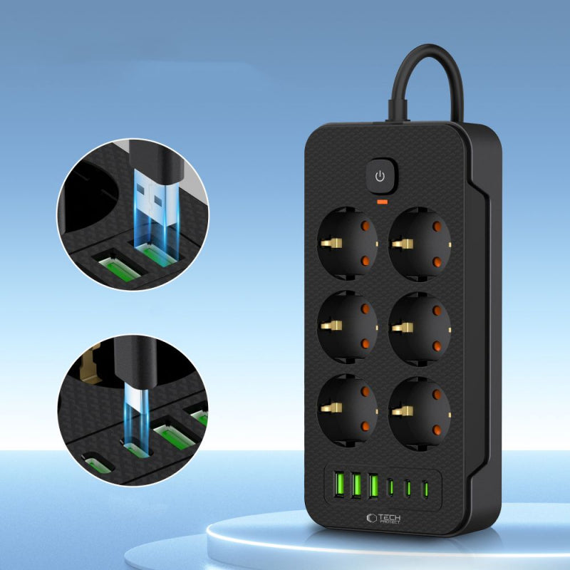 Prelungitor Tech-Protect PC6X6, 6 x Schuko - 3 x USB-A - 3 x USB-C