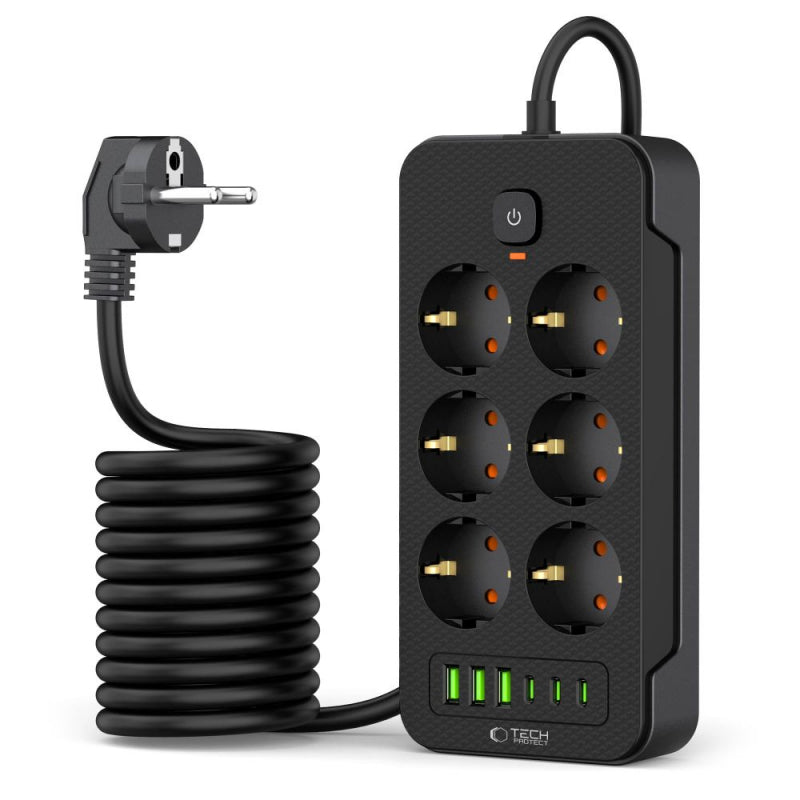 Prelungitor Tech-Protect PC6X6, 6 x Schuko - 3 x USB-A - 3 x USB-C