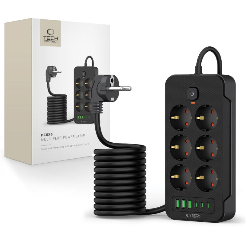 Prelungitor Tech-Protect PC6X6, 6 x Schuko - 3 x USB-A - 3 x USB-C