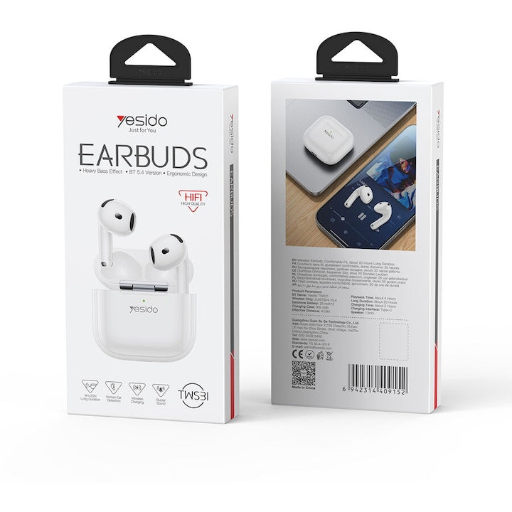 Căști wireless Yesido TWS31, Bluetooth 5.4, alb, in ear, autonomie 4 ore