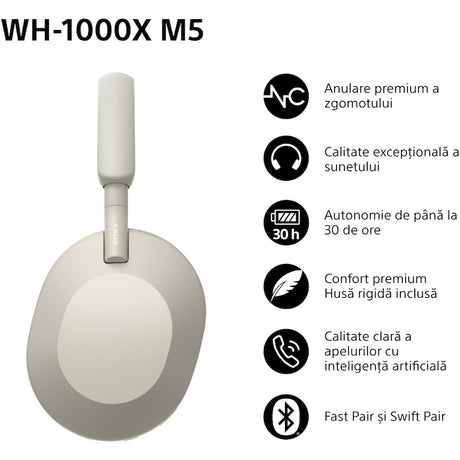 Casti Over the Ear Sony WH-1000XM5S, Wireless, Bluetooth, Noise cancelling, Autonomie baterie 30 ore, Microfon, Alexa si Google Assistant, Platinum Silver