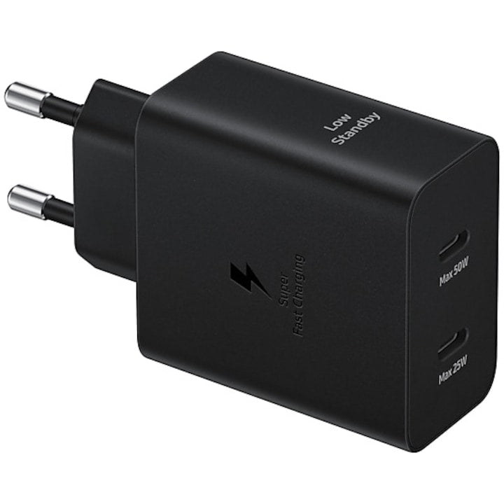 Incarcator retea Samsung super fast charger adapter Duo 50W, 2 x USB Type-C, cablu Type-C - Type-C (5A) inclus, Negru