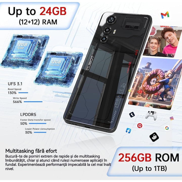 Telefon mobil Cubot MAX 5, 5G, 6.95" FHD+ 144Hz, 24GB RAM (12GB + 12GB extensibil), 256GB ROM, Android 14, MediaTek Dimensity 8200, 100MP + 32MP, NFC, OTG, 5100mAh, Dual SIM