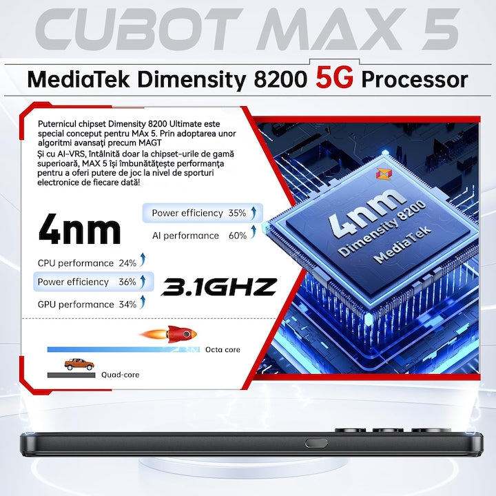 Telefon mobil Cubot MAX 5, 5G, 6.95" FHD+ 144Hz, 24GB RAM (12GB + 12GB extensibil), 256GB ROM, Android 14, MediaTek Dimensity 8200, 100MP + 32MP, NFC, OTG, 5100mAh, Dual SIM