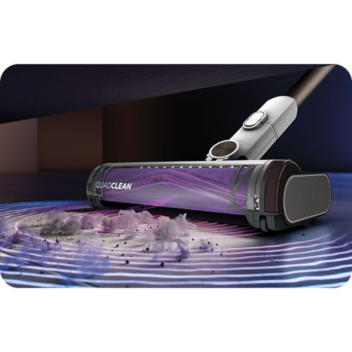 Aspirator vertical fara fir 2in1 Shark IW3612EU DetectClean & Empty Flexwand, 240W, 18V, 0.42L, autonomie 60 min, statie golire 3in1 Anti-Odour, Dirt/Floor/Edge Detect, QuadClean LED, Anti-Hair Wrap, perie 2in1 spatii inguste, alb-auriu