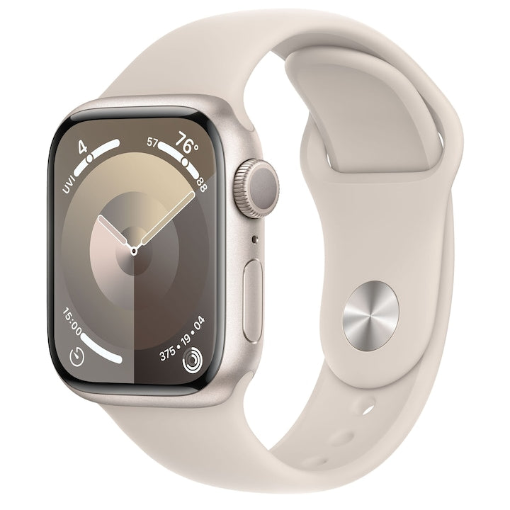 Apple Watch Series 9, GPS,  41mm, Carcasa Silver Aluminium, Starlight Sport Band - S/M