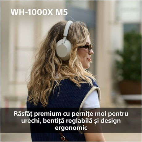 Casti Over the Ear Sony WH-1000XM5S, Wireless, Bluetooth, Noise cancelling, Autonomie baterie 30 ore, Microfon, Alexa si Google Assistant, Platinum Silver