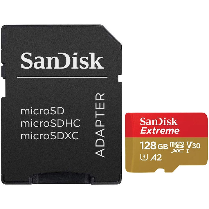 Card de memorie SanDisk Extreme microSDXC 128GB, pana la 190MB/s & 90MB/s Read/Write speeds + SD Adapter