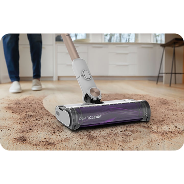 Aspirator vertical fara fir 2in1 Shark IW3612EU DetectClean & Empty Flexwand, 240W, 18V, 0.42L, autonomie 60 min, statie golire 3in1 Anti-Odour, Dirt/Floor/Edge Detect, QuadClean LED, Anti-Hair Wrap, perie 2in1 spatii inguste, alb-auriu