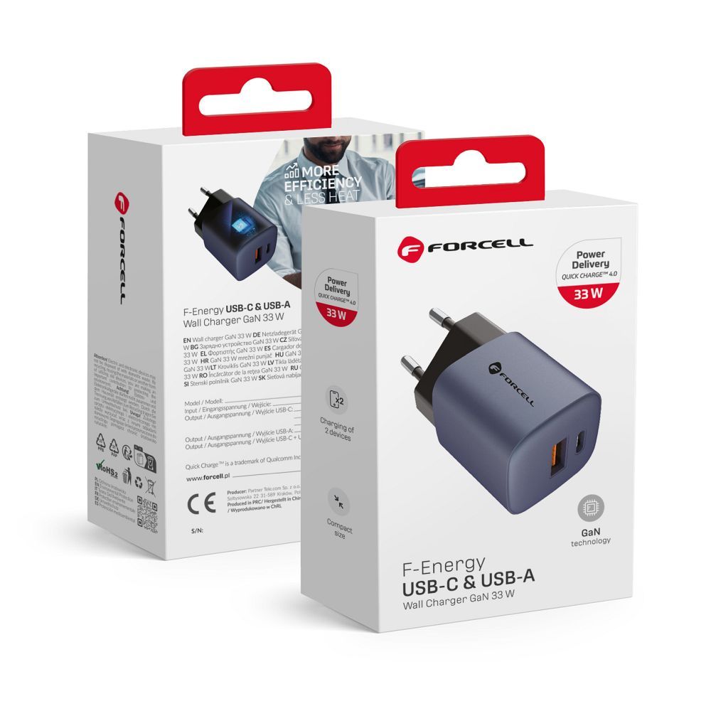 Încărcător rețea Forcell 33W USB-C + USB-A, Quick Charge 4.0, Power Delivery