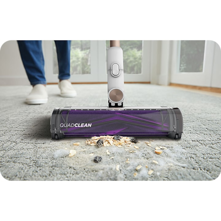 Aspirator vertical fara fir 2in1 Shark IW3612EU DetectClean & Empty Flexwand, 240W, 18V, 0.42L, autonomie 60 min, statie golire 3in1 Anti-Odour, Dirt/Floor/Edge Detect, QuadClean LED, Anti-Hair Wrap, perie 2in1 spatii inguste, alb-auriu