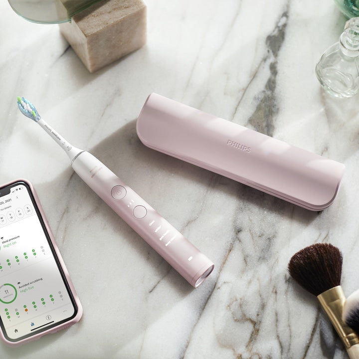 Periuta electrica sonica PHILIPS Sonicare DiamondClean Seria 9000 HX9911/79, 1 toc de transport, 4 capete C3, suport de incarcare, roz