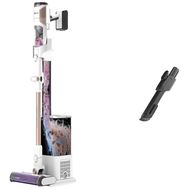 Aspirator vertical fara fir 2in1 Shark IW3612EU DetectClean & Empty Flexwand, 240W, 18V, 0.42L, autonomie 60 min, statie golire 3in1 Anti-Odour, Dirt/Floor/Edge Detect, QuadClean LED, Anti-Hair Wrap, perie 2in1 spatii inguste, alb-auriu