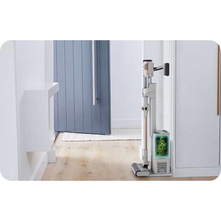 Aspirator vertical fara fir 2in1 Shark IW3612EU DetectClean & Empty Flexwand, 240W, 18V, 0.42L, autonomie 60 min, statie golire 3in1 Anti-Odour, Dirt/Floor/Edge Detect, QuadClean LED, Anti-Hair Wrap, perie 2in1 spatii inguste, alb-auriu