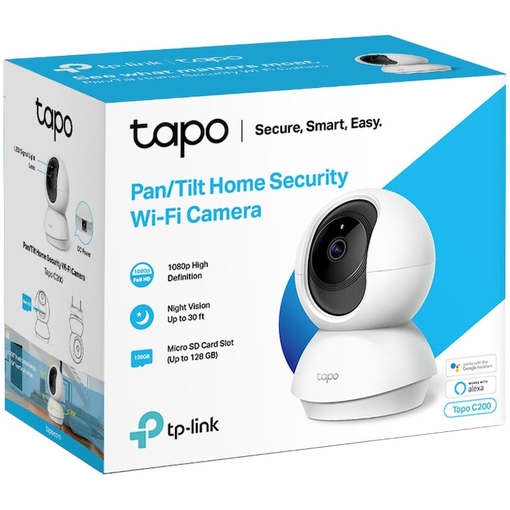 Camera de supraveghere Smart TP-Link Tapo C200 cu Pan/Tilt 360 grade, Full HD 1080P, Utilizare Baby Monitor Wireless Audio Video, Night Vision, Detectarea miscarilor, Two-Way Audio, Alarma sonora si luminoasa, Control Vocal, IP Wi-Fi, Mod Privacy