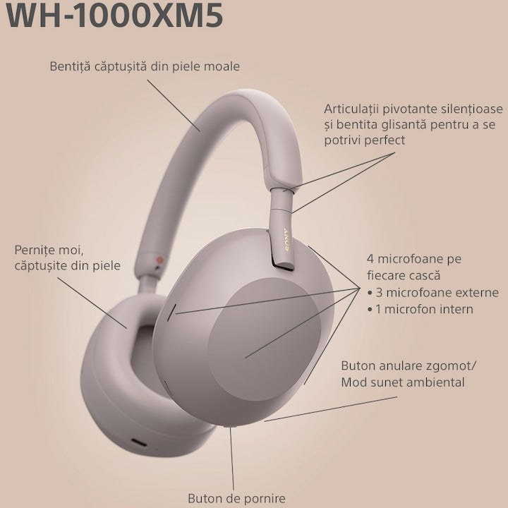 Casti audio Over-Ear Sony WH-1000XM5P, Wireless, Noise Cancelling, Bluetooth 5.2, Autonomie 30 ore, Smoky Pink