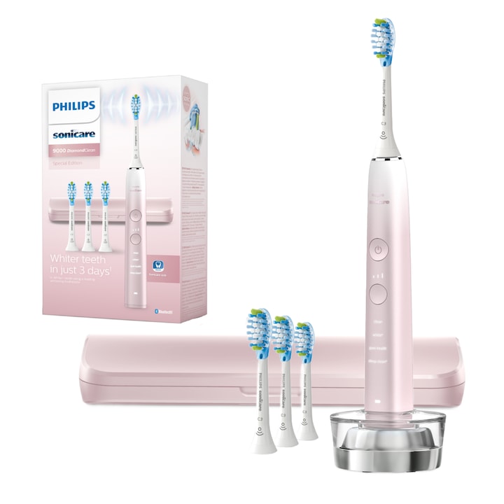 Periuta electrica sonica PHILIPS Sonicare DiamondClean Seria 9000 HX9911/79, 1 toc de transport, 4 capete C3, suport de incarcare, roz