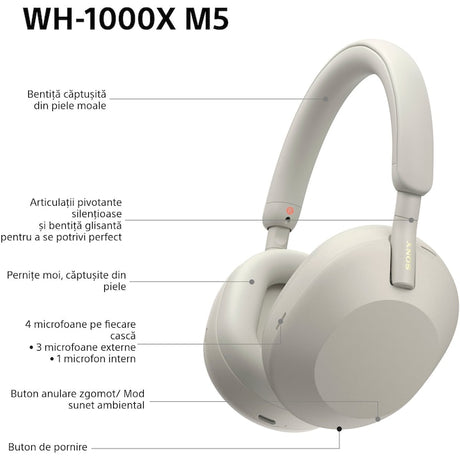 Casti Over the Ear Sony WH-1000XM5S, Wireless, Bluetooth, Noise cancelling, Autonomie baterie 30 ore, Microfon, Alexa si Google Assistant, Platinum Silver