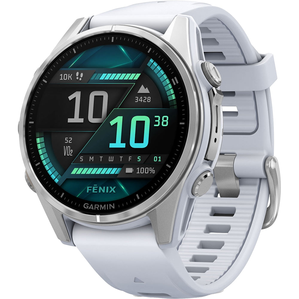 Smartwatch Garmin fenix 8, 43mm, AMOLED, Glass, Otel inoxidabil, Silver, Whitestone Silicone Band