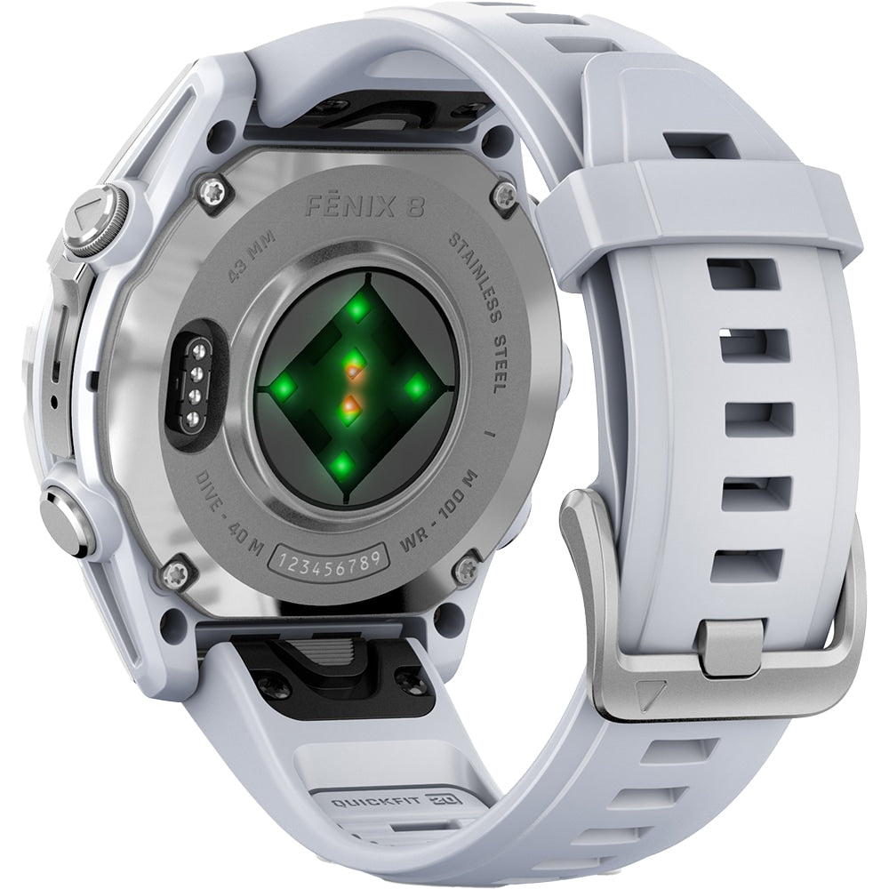 Smartwatch Garmin fenix 8, 43mm, AMOLED, Glass, Otel inoxidabil, Silver, Whitestone Silicone Band