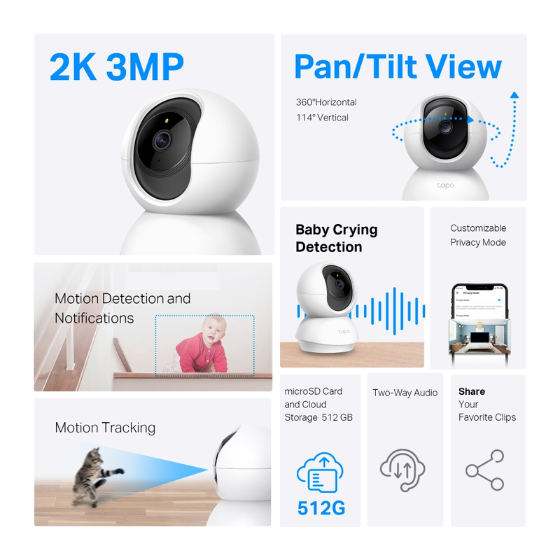 Camera de supraveghere Smart TP-Link Tapo C210P2 cu Pan/Tilt 360 grade, Rezolutie Filmare 3MP Ultra HD, Wireless, Night Vision, Detectarea miscarilor, Two-Way Audio, Alarma sonora si luminoasa, Control Vocal, Mod Privacy (2 buc pachet)